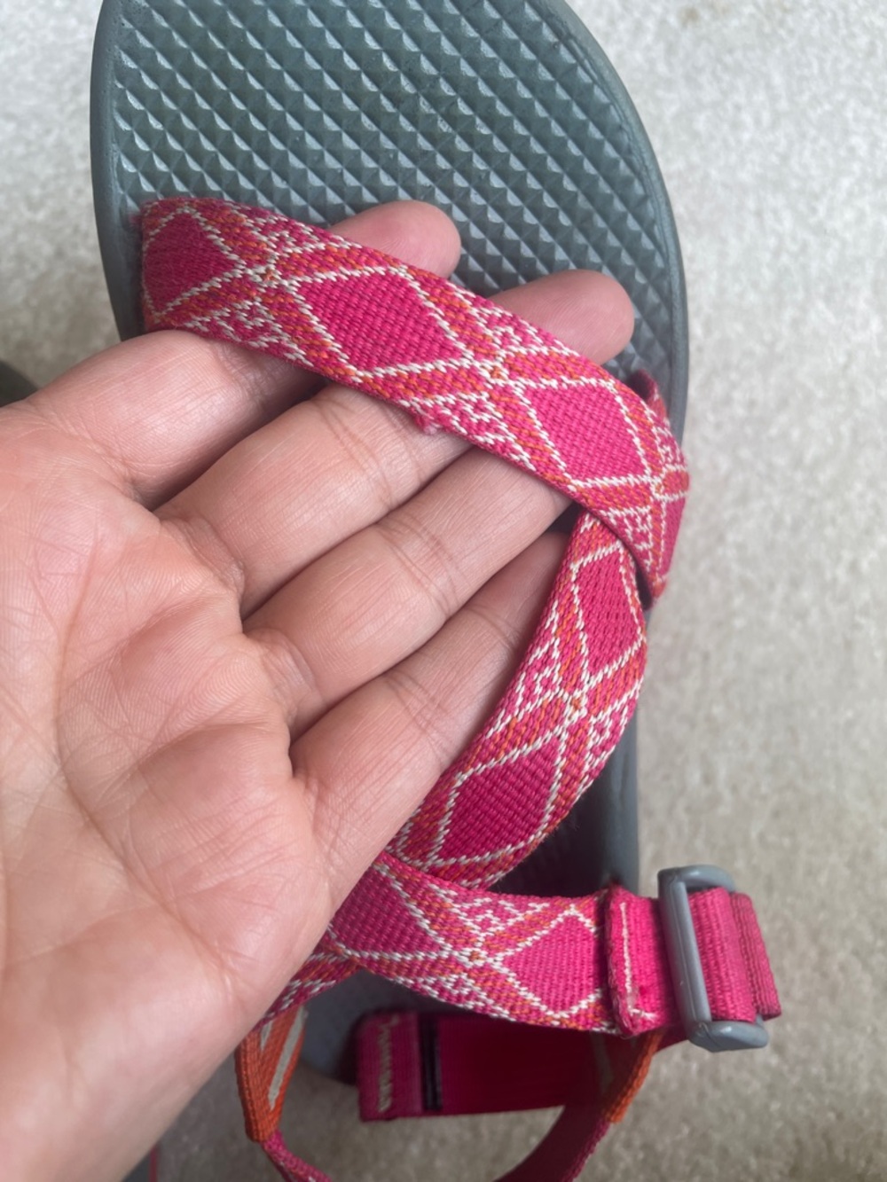 Chaco Kids’ Pink Patterned Webbing Sandals with Gray Footbeds - Picture 9 of 11